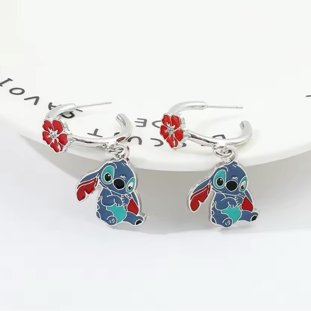 $24 or 3 For 35 Disney Stitch Hawaiian Flower Enameled Character Hoop Earrings